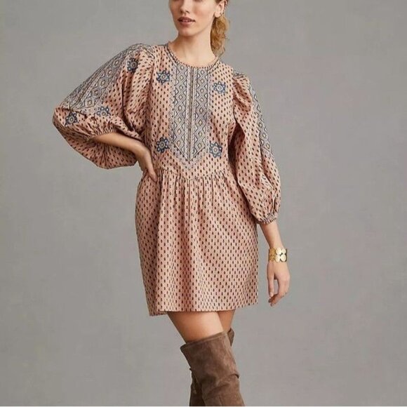 Anthropologie Dresses & Skirts - Anthropologie Embroidered Tunic Mini Dress Boho Peasant Ballon-Sleeve Size M